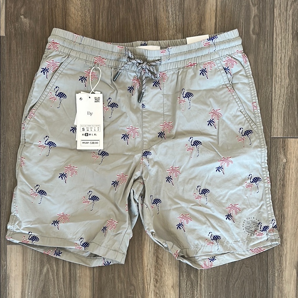 Gray Board Shorts with Flamingo Print
